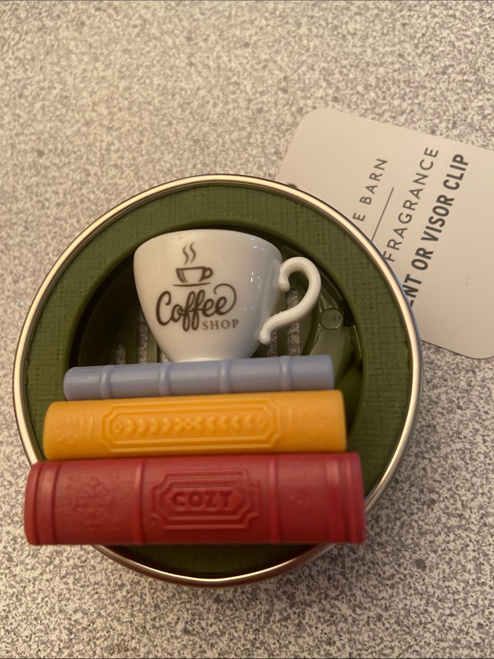 Cozy Coffee Shop Book Stack Decorative Clip - car fragrance vent or visor clip